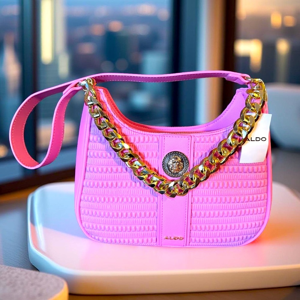 Aldo NWT Beautiful Pink Shoulder Bag Chunky Gold Lion & Chain Handle (P116)